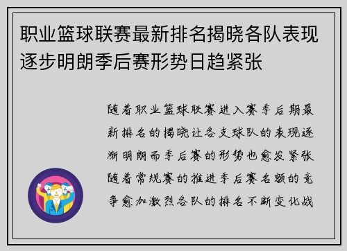 职业篮球联赛最新排名揭晓各队表现逐步明朗季后赛形势日趋紧张