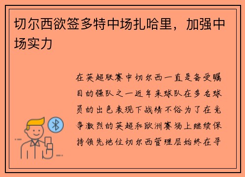 切尔西欲签多特中场扎哈里，加强中场实力