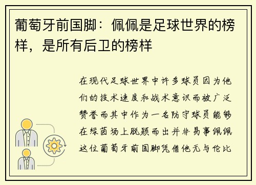 葡萄牙前国脚：佩佩是足球世界的榜样，是所有后卫的榜样