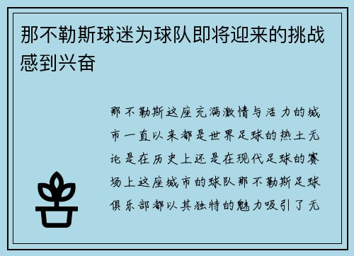 那不勒斯球迷为球队即将迎来的挑战感到兴奋