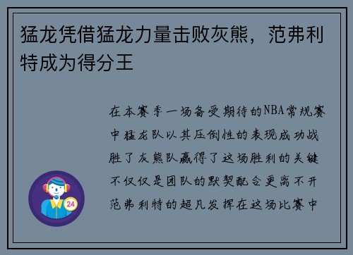 猛龙凭借猛龙力量击败灰熊，范弗利特成为得分王