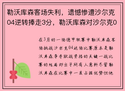 勒沃库森客场失利，遗憾惨遭沙尔克04逆转捧走3分，勒沃库森对沙尔克04