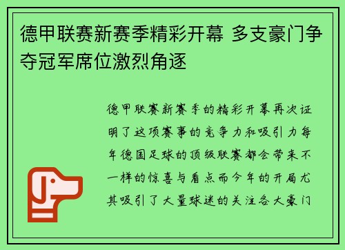德甲联赛新赛季精彩开幕 多支豪门争夺冠军席位激烈角逐