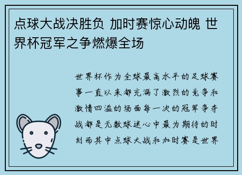 点球大战决胜负 加时赛惊心动魄 世界杯冠军之争燃爆全场