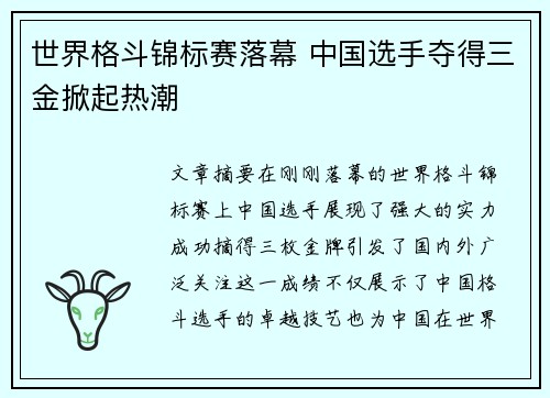 世界格斗锦标赛落幕 中国选手夺得三金掀起热潮