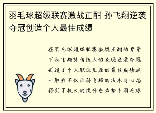 羽毛球超级联赛激战正酣 孙飞翔逆袭夺冠创造个人最佳成绩