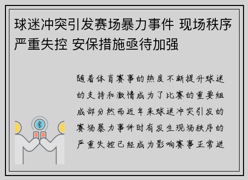 球迷冲突引发赛场暴力事件 现场秩序严重失控 安保措施亟待加强