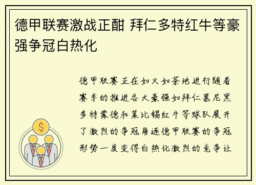 德甲联赛激战正酣 拜仁多特红牛等豪强争冠白热化